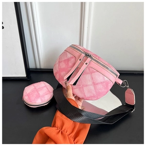 Detail van de roze geblokte heuptas met bijpassende ronde kleine portemonnee in close-up