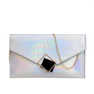 Holographic silver crocodile embossed envelope bag with gold chain strap for women