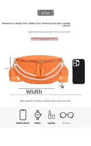 Détail du sac de poitrine orange matelassé avec chaîne de perles et dimensions