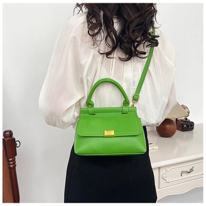 Green lychee pattern chain bag shown on model in a modern indoor lifestyle setting