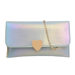 Short iridescent rectangular purse with golden heart buckle and metal chain strap