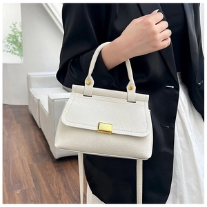 Detail view of cream lychee texture leather handbag featuring a golden rectangular clasp