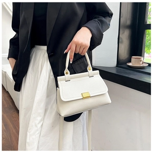 Detail view of cream lychee texture crossbody bag with gold metal buckle and leather handle