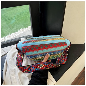 Close-up of ethnic embroidered waist bag with colorful geometric patterns and wide strap