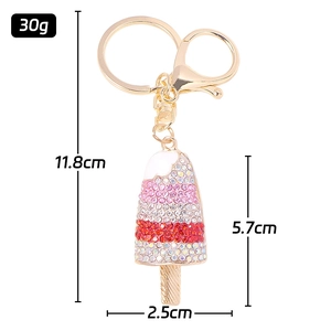 Porte-clés crème glacée en strass doré avec fermoir métallique, charm pour sac et voiture.
