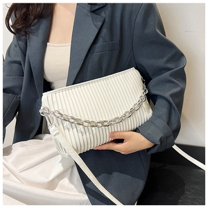 Detailed view of white pleated PU leather handbag featuring silver chain and adjustable strap
