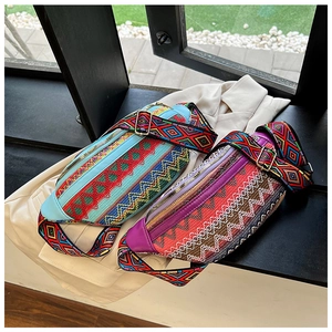 Detailed view of bohemian embroidered waist bags with ethnic patterns and woven straps