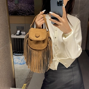 Women Bohemian Suede Style Fringe Crossbody Bag Retro Tassel Saddle Shoulder Bag Minimalist Whipstitch Small Flap Purse