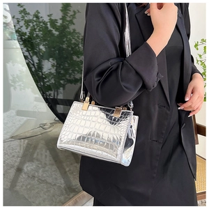 Detail of silver crocodile embossed handbag with glossy mirror finish and metal chain