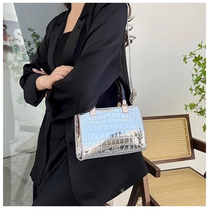 Silver crocodile pattern handbag shown with a sleek metallic finish in a lifestyle setting