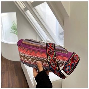 Detail of ethnic embroidery waist bag featuring geometric patterns and a wide strap