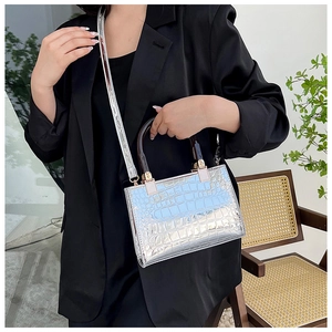 Detail of silver crocodile pattern mini tote bag with transparent handles and shoulder strap