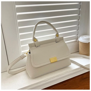 Detail of lychee textured cream crossbody bag with gold buckle and top handle