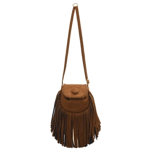 Vintage brown faux suede saddle bag with decorative tassels and adjustable strap