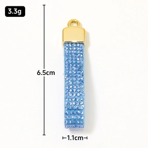 Sparkling blue rhinestone leather cord keychain pendant with gold ring clasp and dimensions