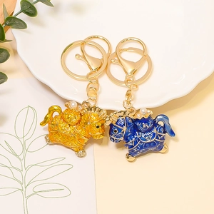 Chinese style enamel horse keychain set with pearls and rhinestones in gold and blue
