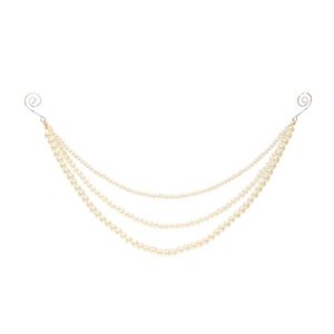 Detailed view of triple-layered white pearl decorative chains with silver hooks