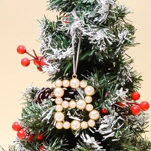 Detail view of pearl-encrusted letter B ornament hanging on a snowy Christmas tree branch