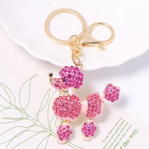 Sparkling pink rhinestone poodle keychain with golden alloy lobster clasp and key ring