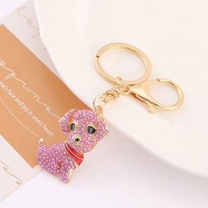 Porte-clés chien en strass rose avec maillon en métal doré et fermoir mousqueton