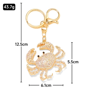 Golden crab keychain with white rhinestones and lobster clasp, weight 43.7g, size 12.5cm