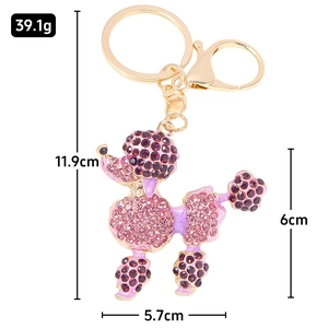 Sparkling pink and purple rhinestone poodle dog keychain with golden metal ring and measurements