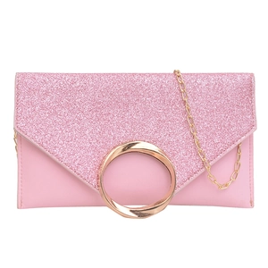 Women Sequin Envelope Clutch Bag Gold Ring PU Leather Crossbody Evening Handbag With Chain Strap For Party Wedding