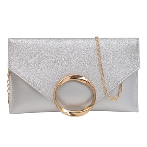 Silver envelope clutch bag with glitter flap, gold metal ring and chain strap