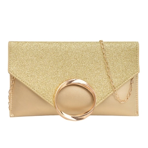 Elegant gold envelope clutch bag with sequins, ring buckle, and metal chain strap