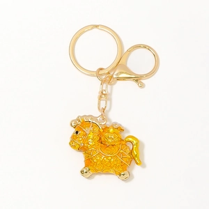 Lucky golden horse keychain with traditional Chinese cloud patterns and metal ring