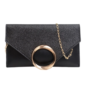 Elegant black envelope clutch bag with glitter texture, gold ring detail and chain strap