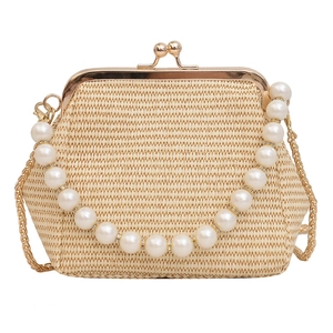 Petit Sac Coquille Tissé Vintage pour Femme Avec Poignée en Künstliche Perle et Bandoulière Chaîne Dorée Sac Crossbody Style Ethnique