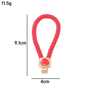 Red braided leather keychain with heart charm and dimensions marked on a white background