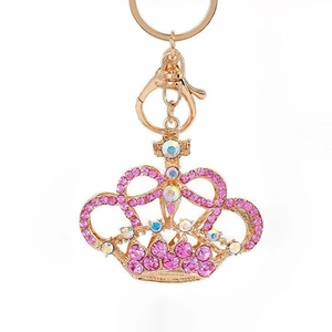 Sparkling pink rhinestone crown keychain with golden metal ring and lobster clasp pendant