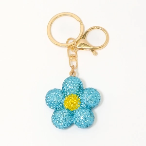 Porte-clés fleur en cristal bleu clair avec fermoir doré et strass étincelants