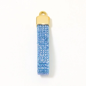 Sparkling light blue rhinestone leather keychain pendant with gold metal ring and cap
