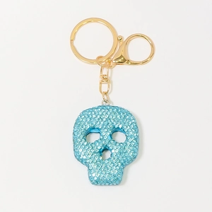 Porte-clés tête de mort à paillettes bleu clair avec fermoir mousqueton doré