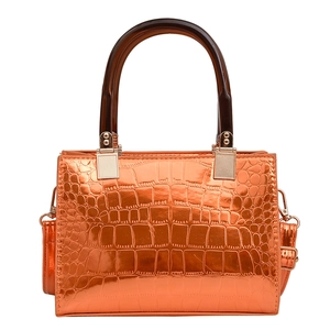 Glossy orange stone pattern tote bag with resin handles and metallic crocodile texture