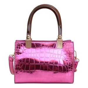 Metallic pink faux crocodile tote bag with amber resin handle and gold hardware detail