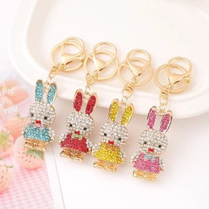 Rhinestone Rabbit Keychain Braided Leather Rope Zinc Alloy Animal Key Ring Bag Pendant Lucky Character Charm Accessory For Women Gift