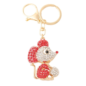 Simpatico portachiavi a forma di topo dorato con strass rossi e bianchi scintillanti
