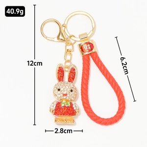 Zodiac rabbit keychain with crystals, red braided rope and lucky charm measurements