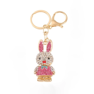 Sparkly rabbit keychain with pink rhinestones and gold metal lobster clasp