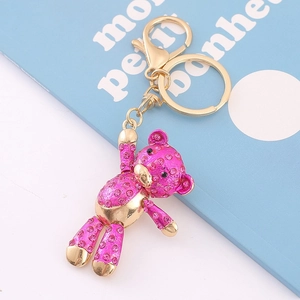 Porte-clés ours mignon avec strass rose fuchsia et mousqueton en métal doré