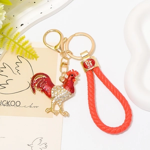 Portachiavi con Gallo in Cristallo e Strass con Corda in Pelle Intrecciata Pendente per Borsa Animale Zodiacale Gioielli Fortuna Regalo