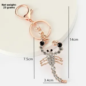 Dettaglio di un portachiavi a scorpione in oro rosa con strass su supporto bianco