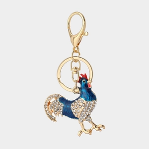 Portachiavi gallo dorato con smalto blu scuro e intarsio di strass in cristallo lucido