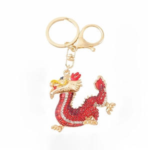 Chinese style dragon keychain with red rhinestones and gold-tone metal dragon pendant