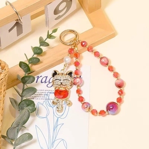 Luxury Lucky Cat Beaded Keychain Handmade Alloy Rhinestone Bag Pendant Wrist Lanyard Phone Charm For Women Gift