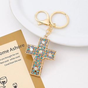 Golden hollow cross keychain with blue rhinestones and lobster clasp decoration
